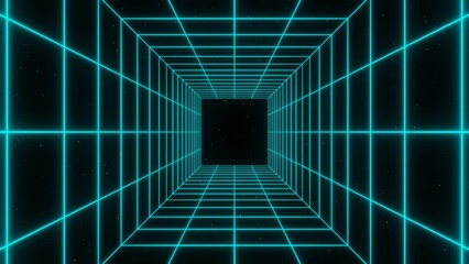 3d retro futuristic aqua blue green abstract background. Wireframe neon laser swirl grid cube square tunnel lines with stars. Retroway synthwave videogame sci-fi. Music disco  Animation 30fps loop - Powered by Adobe