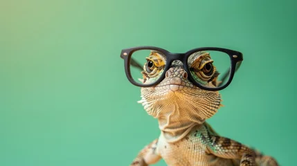 Fotobehang Small Chameleon lizard wearing glasses on green background. copy space. generative AI © wikkie