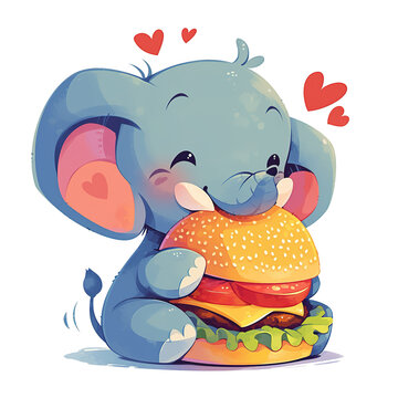 Cute Cartoon Elephant Eating Burger, for t-shirts, Children's Books, Stickers, Posters. Vector Illustration PNG Image