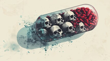Skull and blood cells in a pill. 3D illustration.