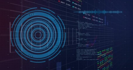 Animation of financial data processing over scope on dark background - Powered by Adobe