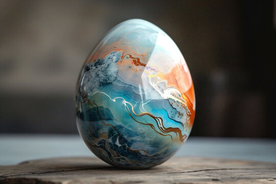 A single colorful marble Easter egg with a swirl of blue, orange and white hues rests on a marble surface, imbued with a natural and artistic essence, perfect for modern Easter decor.