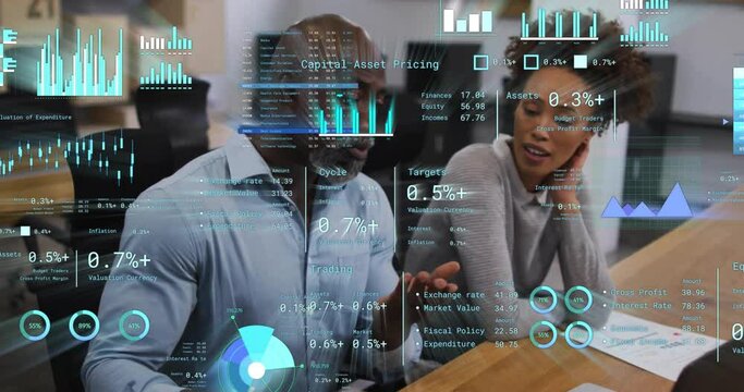 Animation of financial data processing over diverse business people in office - Powered by Adobe