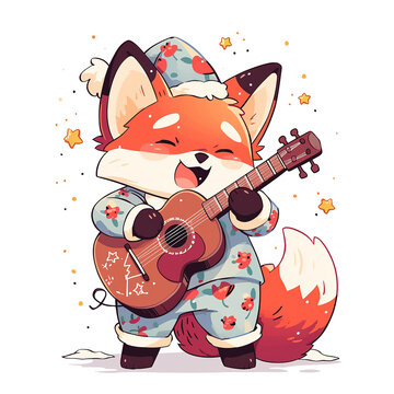 Cute Cartoon Fox Playing Guitar in a Hat and Starry Night Sleepwear, for t-shirts, Children's Books, Stickers, Posters. Vector Illustration PNG Image