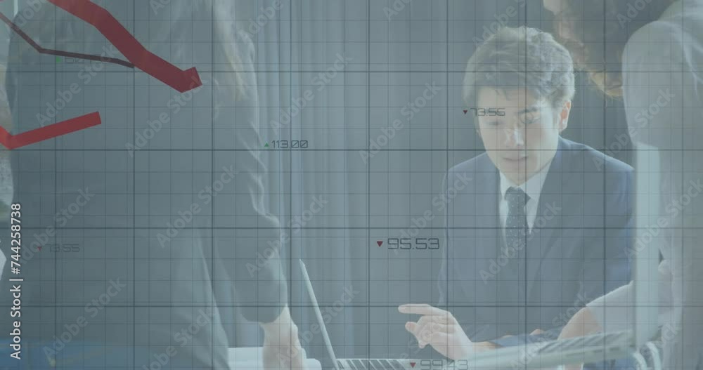 Wall mural Animation of red lines and financial data processing over diverse business people in office