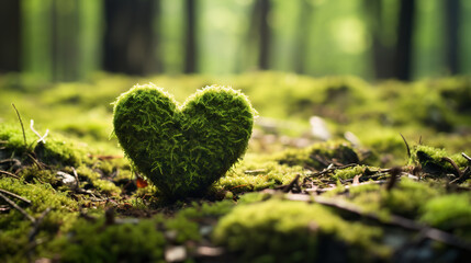 Green Heart with Moss on Forest Ground, Blurred Landscape Background. Copy Space for Earth Day, World Environment Day Banner - obrazy, fototapety, plakaty