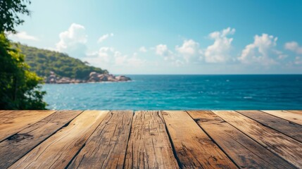 Fototapeta premium The wooden table in the background sees the sea. generative ai