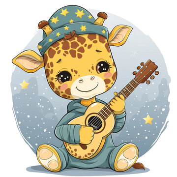 Cute Cartoon Giraffe Playing Guitar in a Hat and Starry Night Sleepwear, for t-shirts, Children's Books, Stickers, Posters. Vector Illustration PNG Image