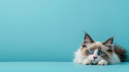 Blue-eyed Ragdoll cat, lying on the studio floor looking at the camera on a pastel green background - obrazy, fototapety, plakaty