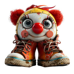 A 3D animated cartoon render of a sweet child with oversized clown shoes and a red nose.