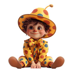 A 3D animated cartoon render of a cute kid in a polka dot clown costume with a big bow tie.