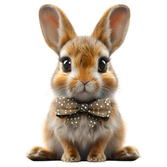 A 3D animated cartoon render of a playful bunny wearing a polka dot bowtie.