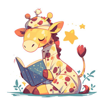 Cute Cartoon Giraffe Reading a Book with a Hat and Starry Night Sleepwear, for t-shirts, Children's Books, Stickers, Posters. Vector Illustration PNG Image