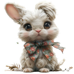 A 3D animated cartoon render of an elegant bunny adorned with a fancy floral bowtie.