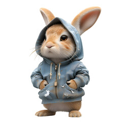 A 3D cartoon render of a rabbit wearing a blue hoodie with ears up.