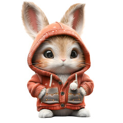 A 3D cartoon render of a smiling bunny in a red hoodie with pockets.