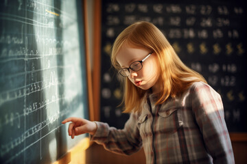 A schoolgirl with Down syndrome solving equations on a chalkboard in a classroom. - obrazy, fototapety, plakaty