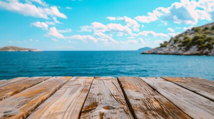 Fototapeta premium The wooden table in the background sees the sea. generative ai