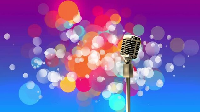 Animation of microphone over colourful spots on blue background