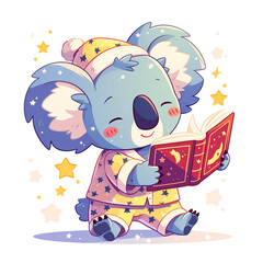 Cute Cartoon Koala Reading a Book with a Hat and Starry Night Sleepwear, for t-shirts, Children's Books, Stickers, Posters. Vector Illustration PNG Image