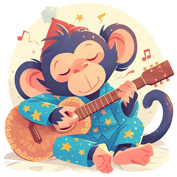 Cute Cartoon Monkey Playing Guitar in a Hat and Starry Night Sleepwear, for t-shirts, Children's Books, Stickers, Posters. Vector Illustration PNG Image