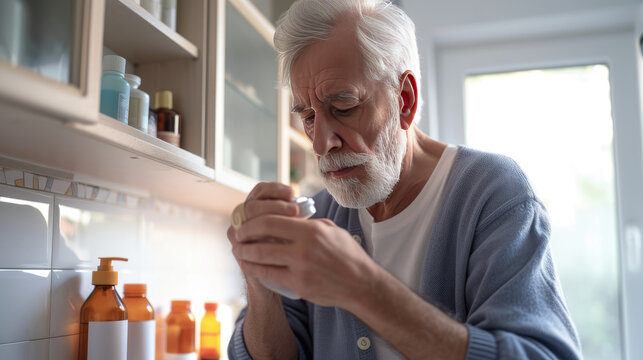 Senior Man Taking Medication in the Bathroom at Home