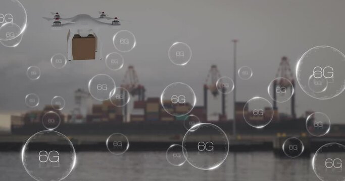 Animation of 6g and drone with box over cargo ship