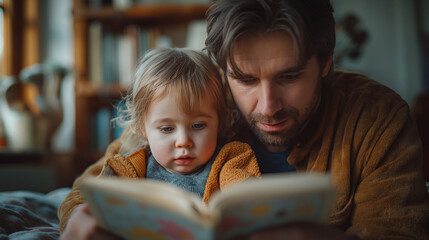 Obraz premium Happy father, child laughing together, family learning moment, father-son happiness, an endearing father's day concept.