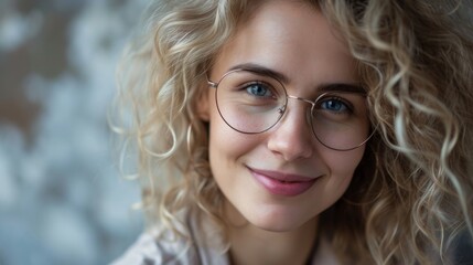Obraz premium woman with beautiful blonde hair with waves, wearing glasses generative ai