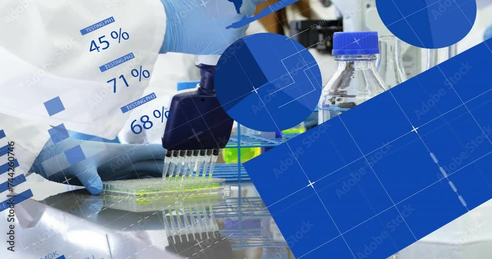 Poster animation of financial data processing over diverse scientists working in lab