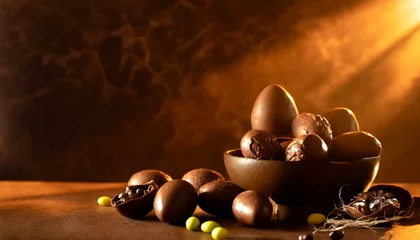Fotobehang Pâques avec des œufs en chocolat, sur fond marron avec espace texte  © Angel