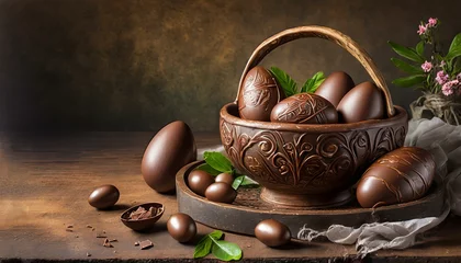 Fotobehang Pâques avec des œufs en chocolat, sur fond marron avec espace texte  © Angel