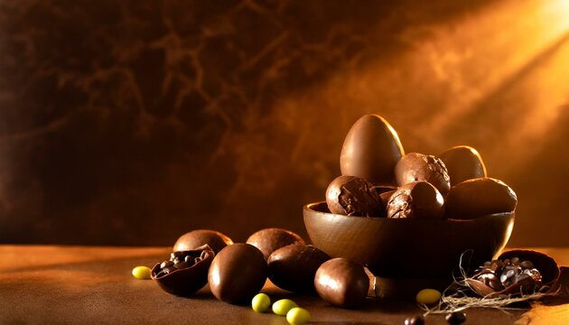 P&acirc;ques avec des &oelig;ufs en chocolat, sur fond marron avec espace texte

