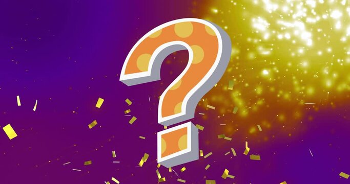 Animation of confetti and light spots over question mark on purple background