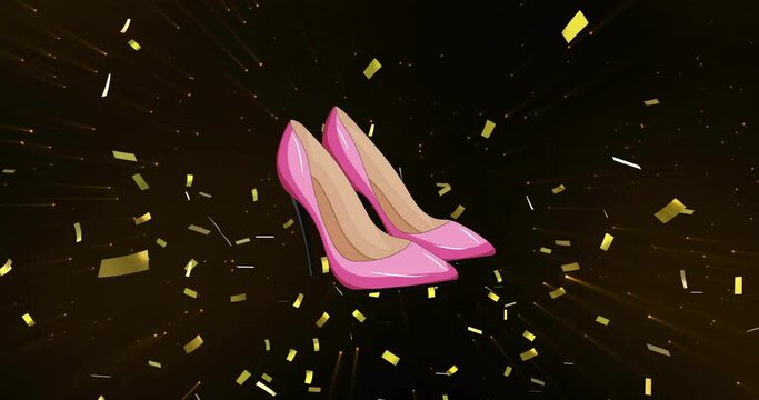 Animation of confetti and light spots over high heels on black background