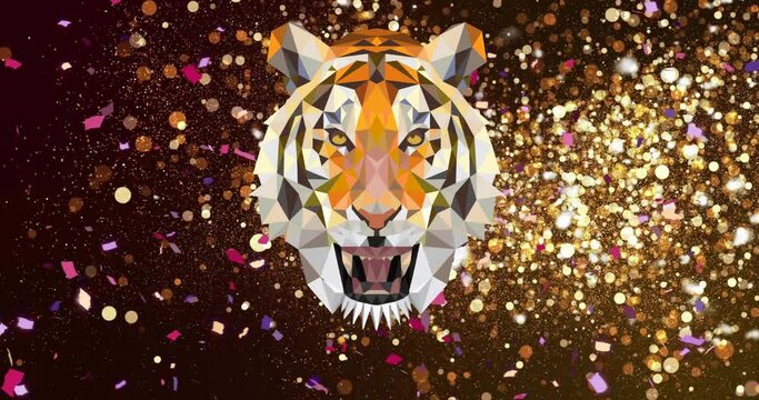 Animation of confetti and light spots over tiger on black background