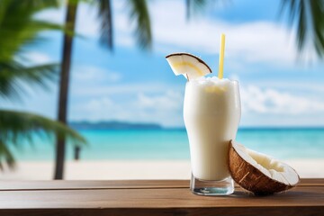 Refreshing Tropical Coconut Drink with Fresh Pineapple Garnish on a Wooden Table Overlooking a Beautiful Sunset Beach Scene with Palm Trees and Crystal Clear Blue Water