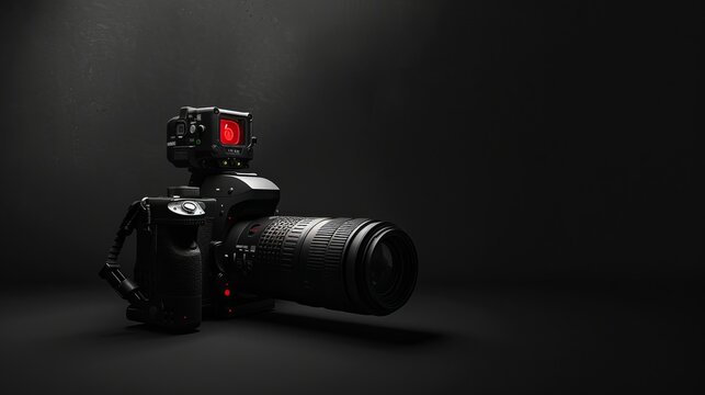 4k renders of a Professional video camera on dark black background