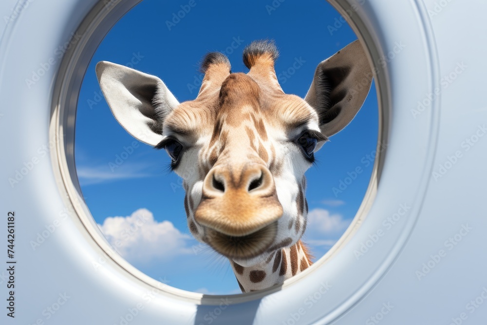 Wall mural friendly giraffe peeking through hole in wall with big smile, showcasing playful and curious nature 