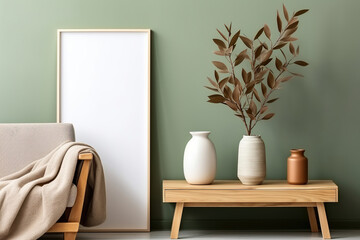 Obraz premium Scandinavian Living Room Interior Design with Blank Mock-Up Brown Wooden Picture Frame and Pot of Houseplant Green Leaf. Eco House Earth Day, Environment Day