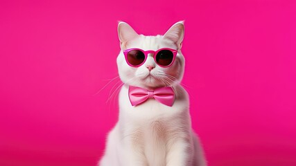 Portrait of a white cat with a bow tie on his neck and sunglasses, animal fashion concept.Business concept