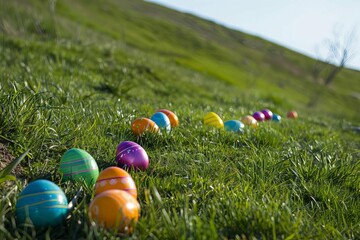 Easter eggs cascading down a grassy slope