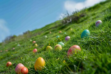 Easter eggs cascading down a grassy slope