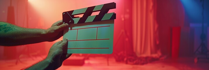 Blurry images of film board or clapper board. In a studio for filming or recording, a hand is holding a blank filmmaking clapperboard against a vibrant backdrop.