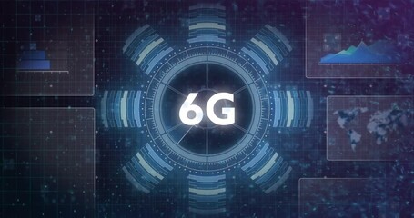 Animation of 6g text, scope scanning and data processing over screens - Powered by Adobe