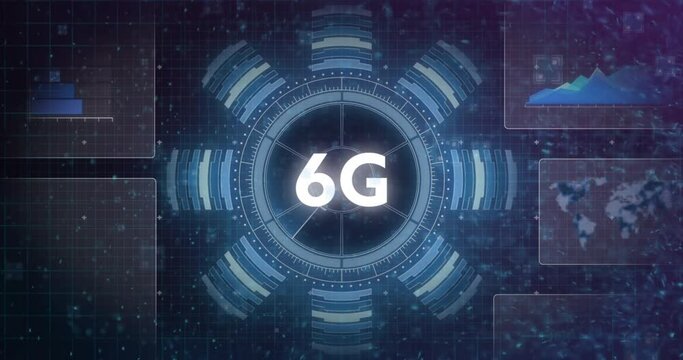 Animation of 6g text, scope scanning and data processing over screens - Powered by Adobe