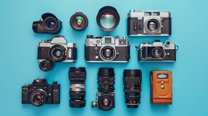 arranged vintage camera and lens collection on a blue background, top view