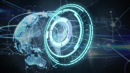 Animation of circular scanner processing over globe and networks on black background