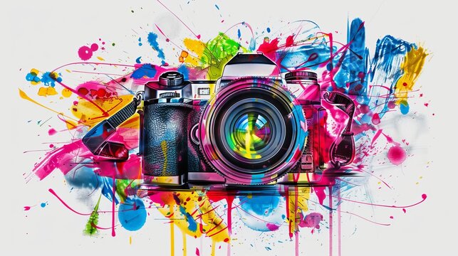 t-shirt design, white background, vibrant colors, colorful and edgy, DSLR camera