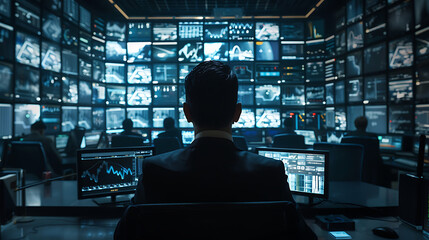 a person in a dark suit, sitting and working in a modern and sophisticated control room filled with screens displaying various types of data.
